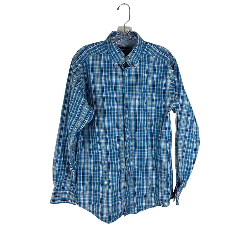 Ariat Pro‎ Series Mens Button Up Shirt Medium Fitted Blue Plaid Long Sleeve